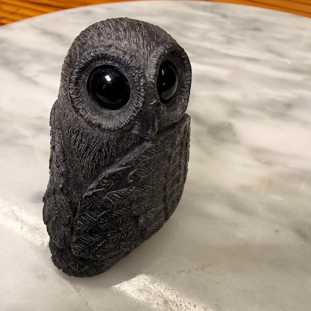 VTG Wolf Original Owl Hand Carved Black Soapstone Sculpture Glass Eyes 2.75 in